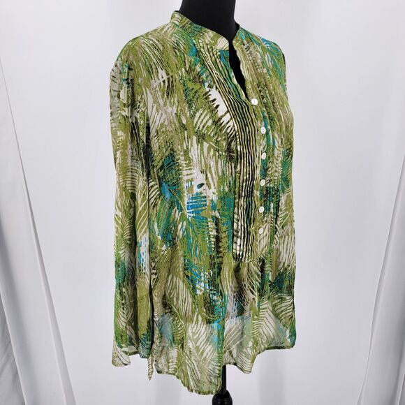 Chico's Additions Blouse Women's Large Leaf Botanical Print Semi Sheer Green - Picture 3 of 11